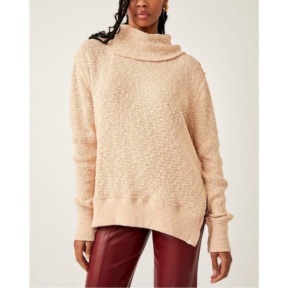 Free People We The Free Tommy Turtleneck Textured Sweater Toasted Almond Beige M - Picture 4 of 11